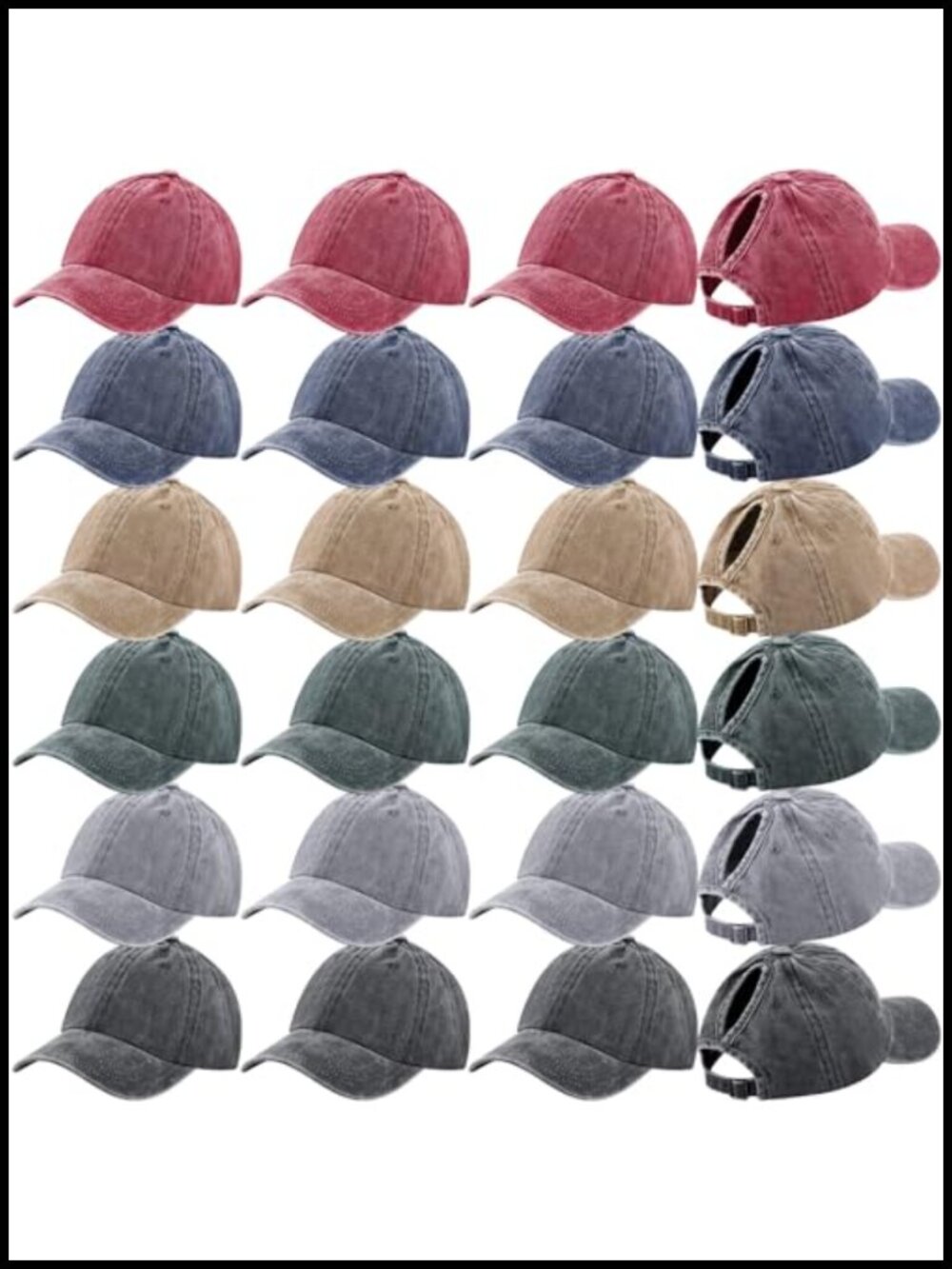 24 Pack Men Women Baseball Cap Ponytail Hole Adjustable Cotton Distressed